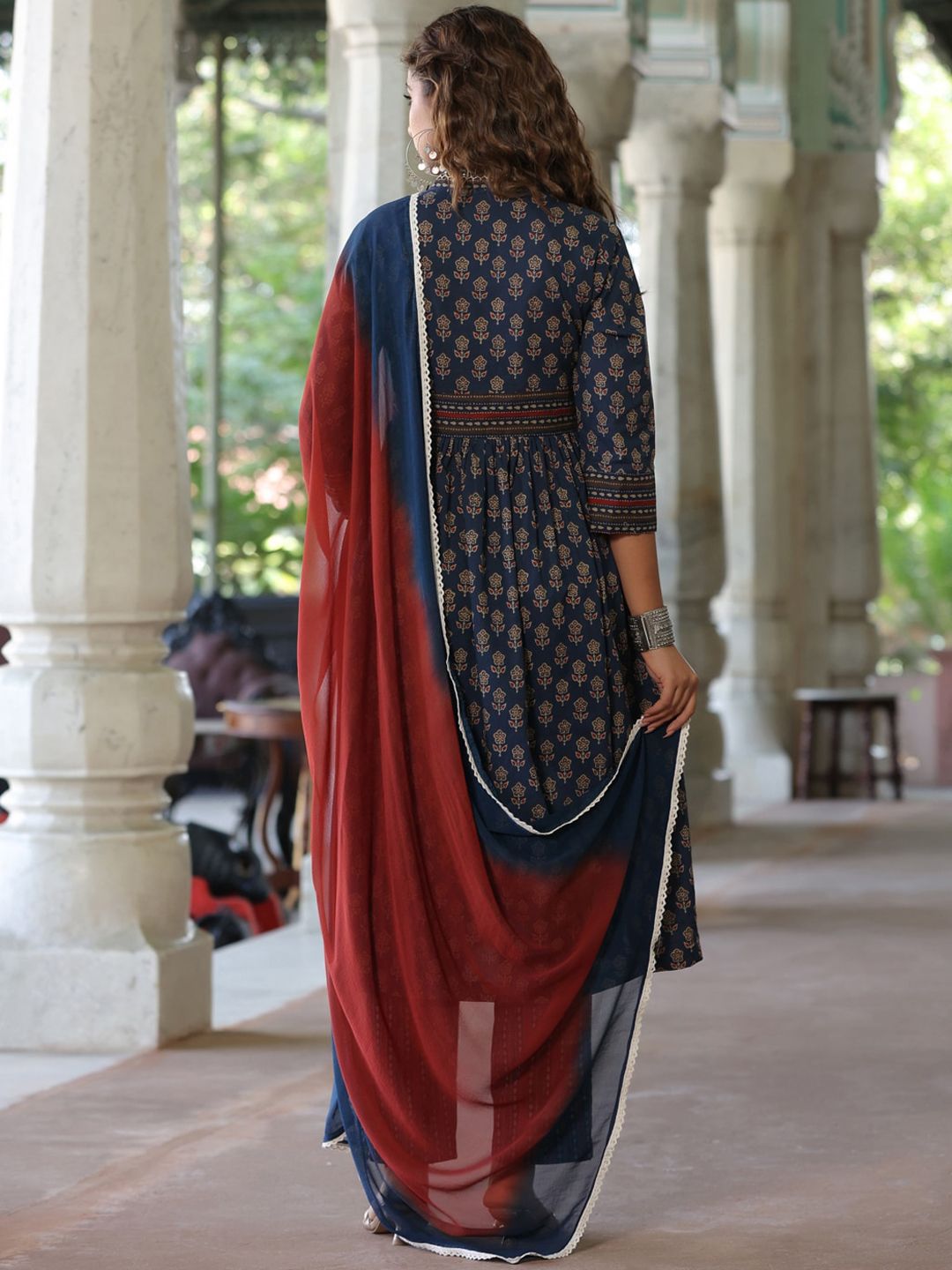 Dhiyona RR Women's Printed Empire Sequinned Pure Cotton Kurta with Trousers & Dupatta