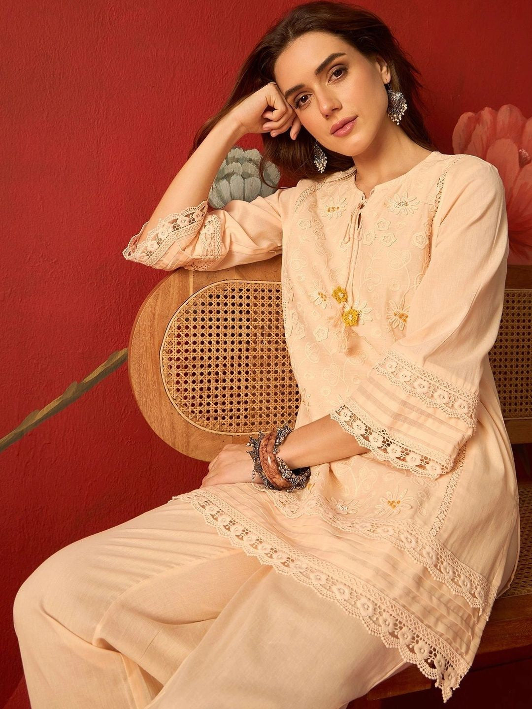 Dhiyona SN Peach schiffli embroidered cotton tunic and pants