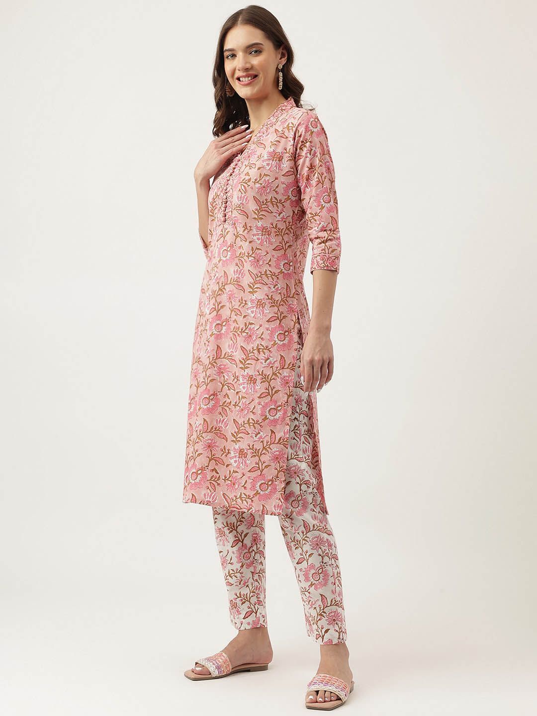 Dhiyona KL Floral Printed V-Neck Pure Cotton Straight Kurta & Trouser With Dupatta