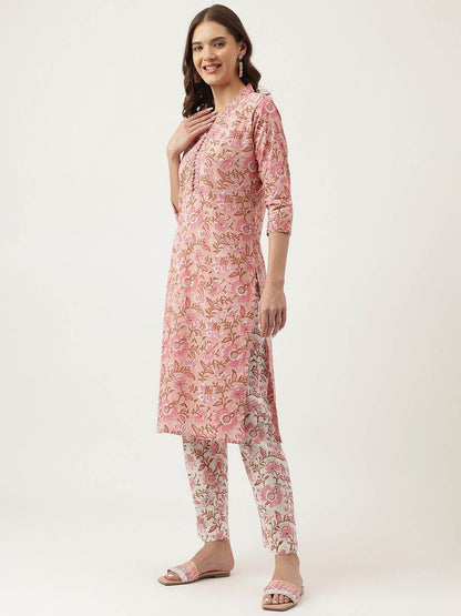 Dhiyona KL Floral Printed V-Neck Pure Cotton Straight Kurta & Trouser With Dupatta