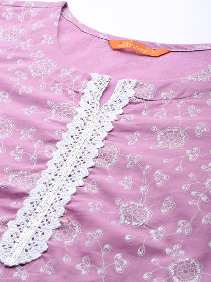 Women Lavender & White Floral Printed Gotta Patti Kurta with Palazzos & Dupatta