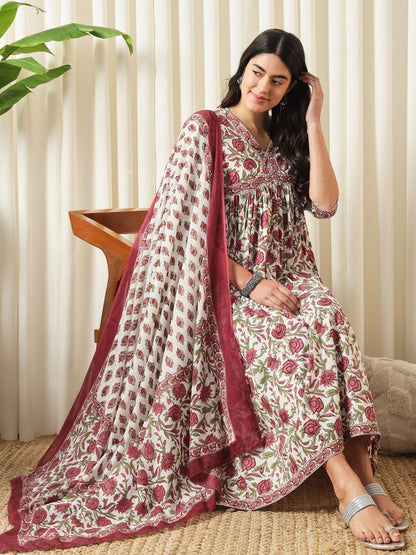 Dhiyona KL Floral Printed Pure Cotton Empire Kurta With Trouser & Dupatta