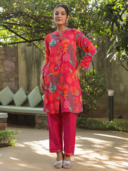 Dhiyona RR Women's Floral Printed Mandarin Collar A-Line Kurta With Trouser