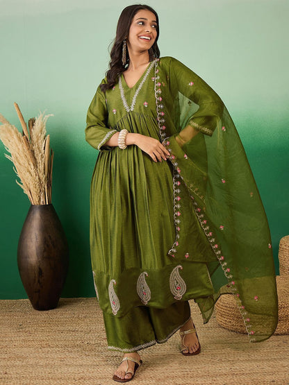 Dhiyona SN Women's Olive Green Zari Sequence Embroidered A-Line Kurta With Palazzos & Dupatta