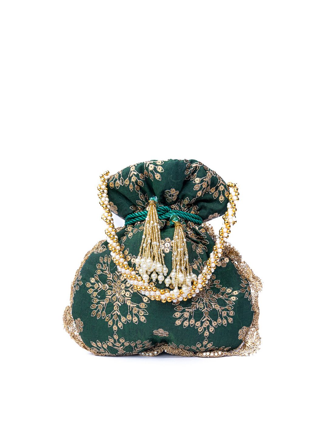 Dhiyona NR Green & Gold-Toned Embroidered Embroidered Potli Clutch