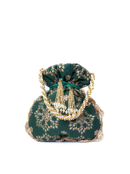 Dhiyona NR Green & Gold-Toned Embroidered Embroidered Potli Clutch