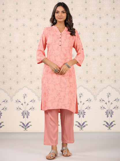 Dhiyona OD  Coral & White Floral Printed Mandarin Collar Kurta With Palazzos