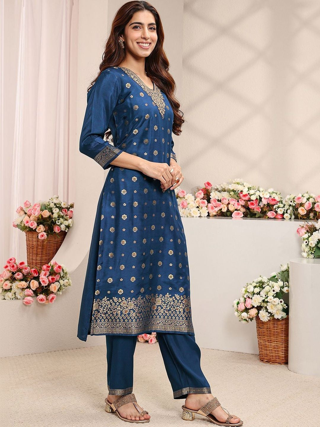 Blue Woven Design Straight Suit Set with Dupatta
