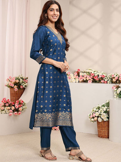 Blue Woven Design Straight Suit Set with Dupatta
