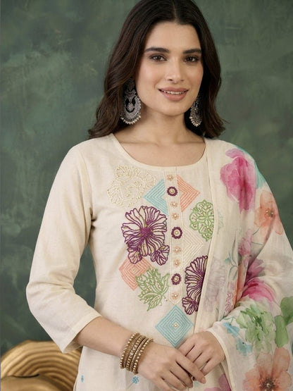 Embroidered Pure Cotton Round Neck Kurta & Trousers With Dupatta
