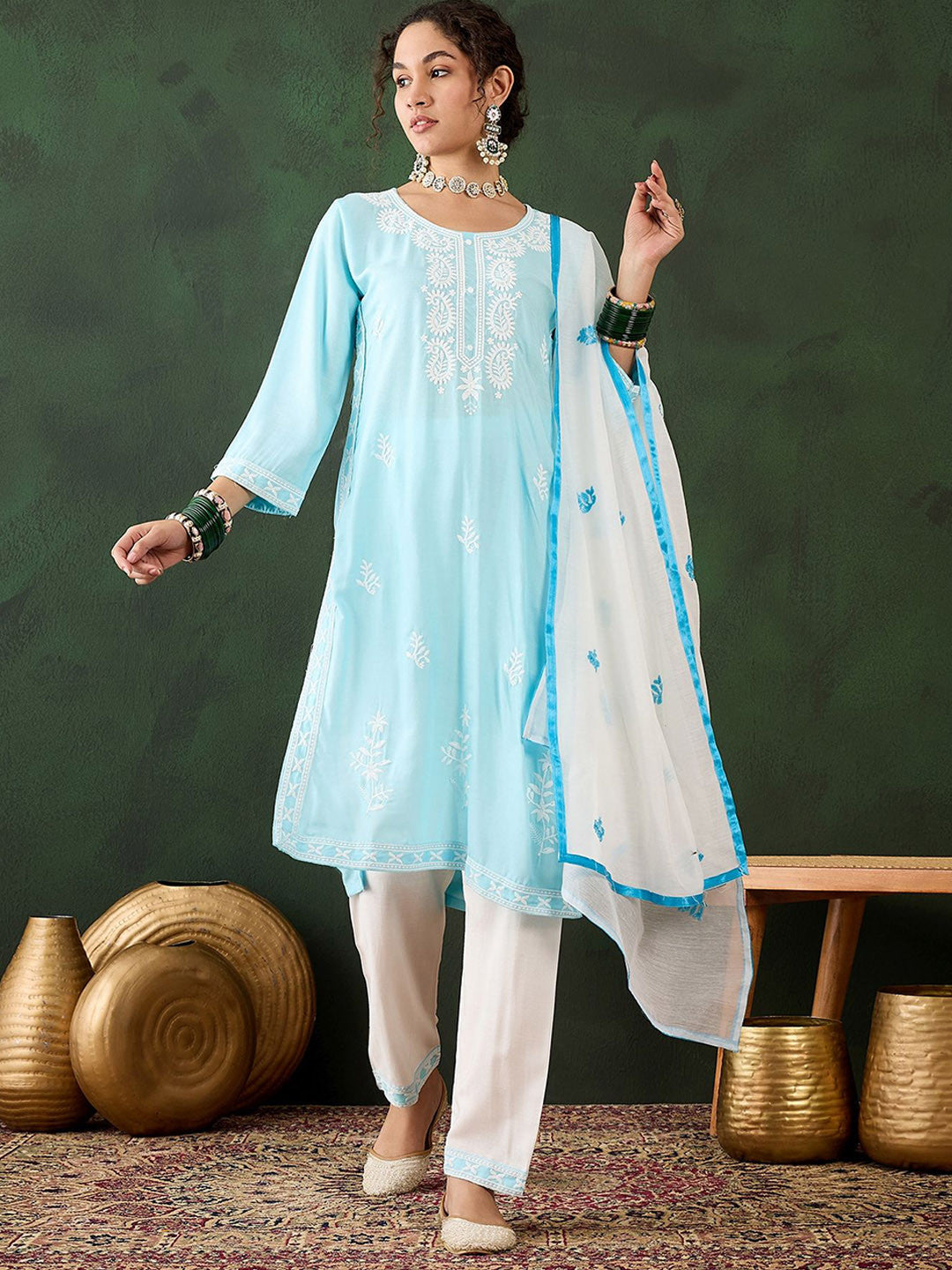 Dhiyona SN Ethnic Motifs Embroidered Thread Work Pure Cotton Kurta with Trousers & Dupatta