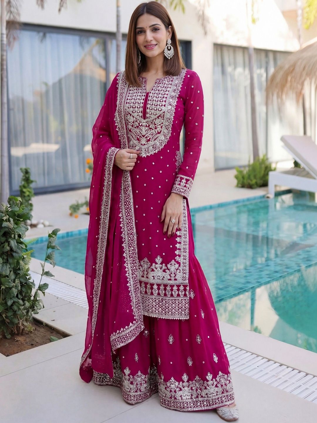 Dhiyona SN Embroidered Round Neck Straight Kurta & Sharara With Dupatta