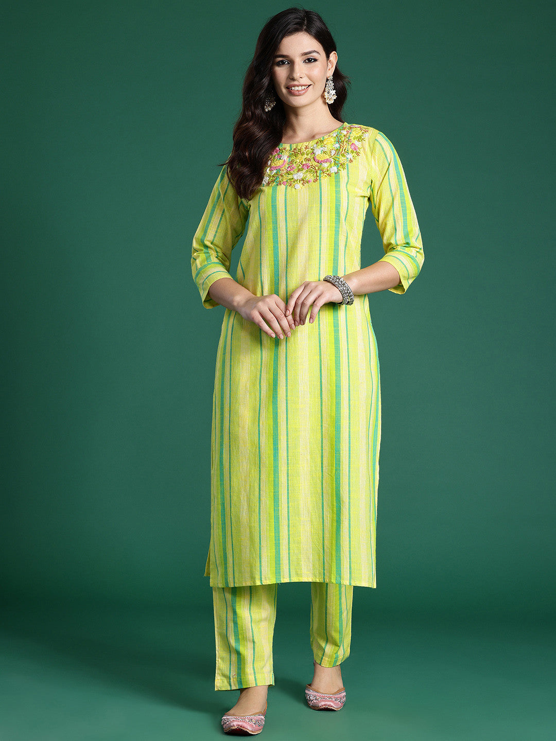 Floral Embroidered Thread Work Pure Cotton Kurta with Trousers