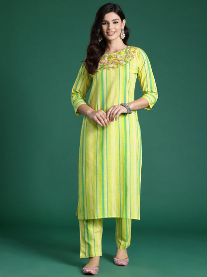 Floral Embroidered Thread Work Pure Cotton Kurta with Trousers