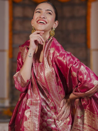 Ethnic Motifs Woven Design Straight Kurta with Trousers & With Dupatta