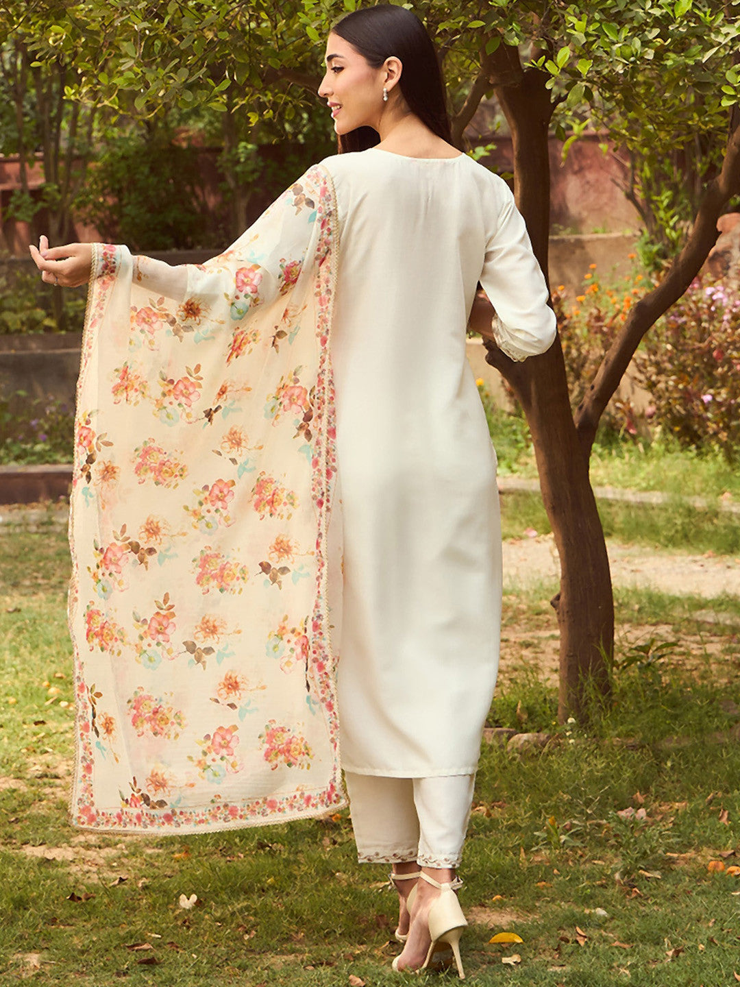 White Floral Yoke Design Tie-Up Neck Straight Kurta With Trousers & Dupatta