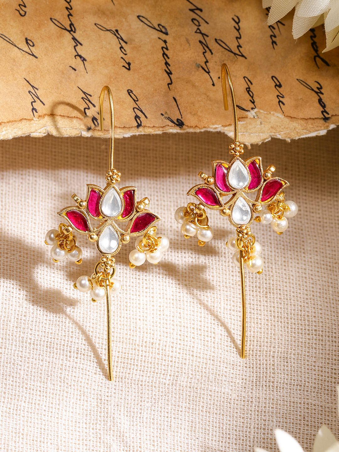 Dhiyona RJ Women's 22K Gold-Plated Ruby Pink & White Kundan Lotus Design Ear Cuff with Pearl Beads