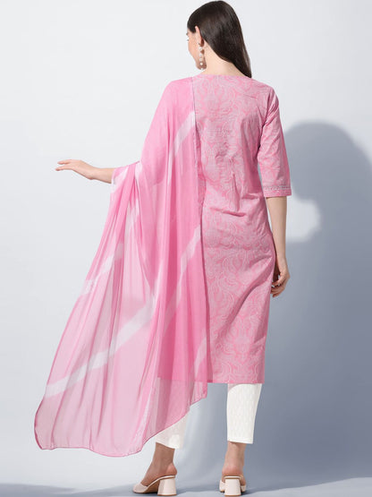 Dhiyona KL Women Plus Size Pink Printed Pure Cotton Kurta with Trousers & Dupatta