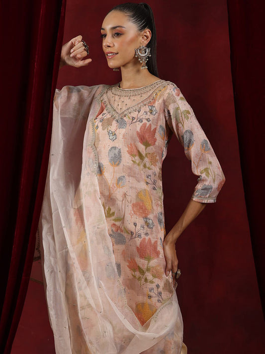 Floral Printed Round Neck Regular Thread Work Organza Kurta With Trousers & Dupatta