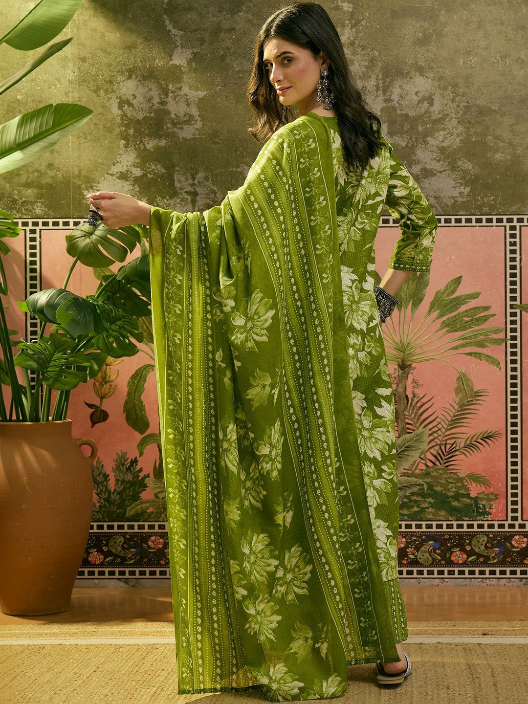 Printed V-Neck Kurta & Trousers With Dupatta