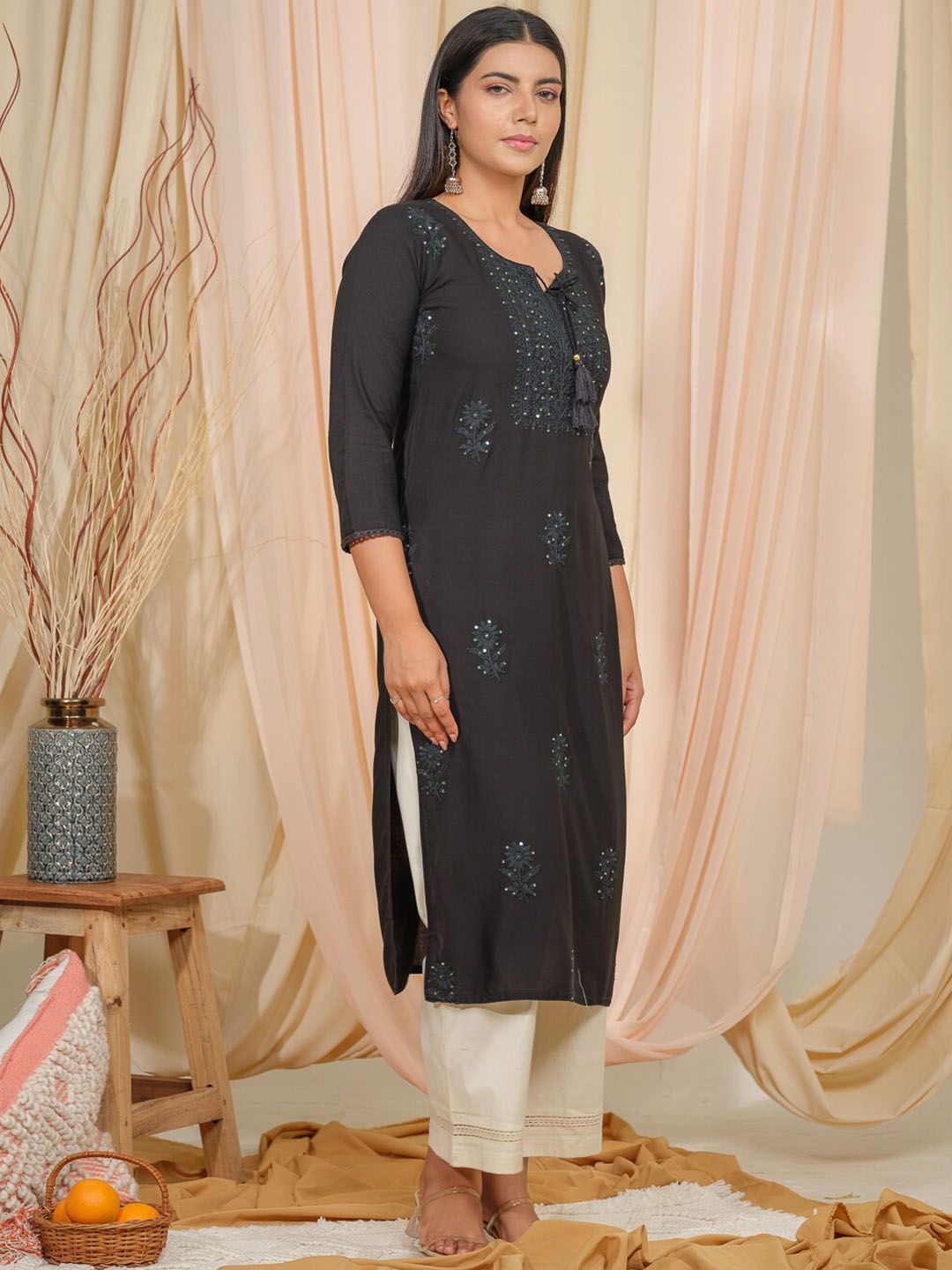Dhiyona OD  Tie U[p Neck Sequined Embroidered Straight Kurta
