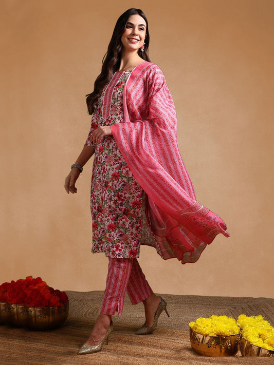Dhiyona KL Floral Printed Round Neck Straight Kurta With Trousers & Dupatta