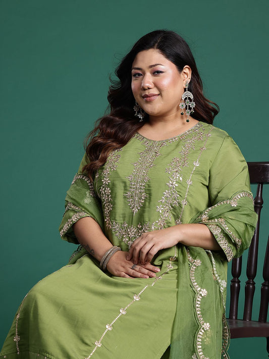 Dhiyona Women's Plus Size Floral Embroidered Gotta Patti Kurta with Trousers & With Dupatta