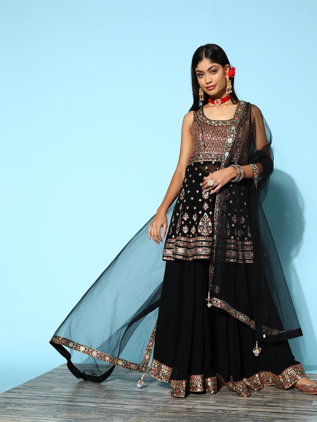 Dhiyona LL Women Ethnic Motifs Poly Georgette Shimmer & Sequin Kurta Set