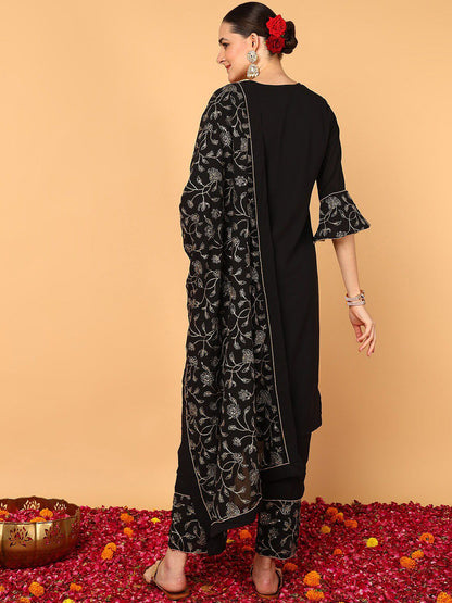 Dhiyona KL Floral Embroidered Bell Sleeves Straight Kurta with Palazzos & Dupatta