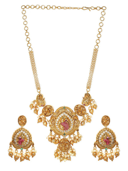 Dhiyona RJ Women's 24K Gold-Plated Peacock Motif Ruby & CZ Studded Pearl Beaded Temple Jewellery Set