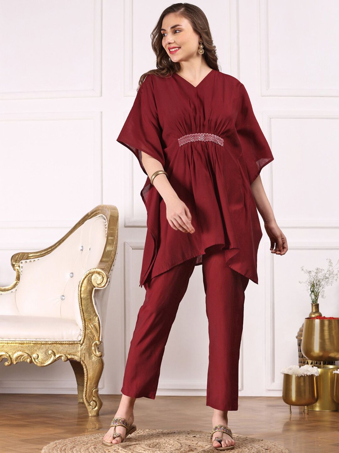 Dhiyona IS Women's Maroon Kimono Sleeve Asymmetric Kaftan Kurti with Trousers