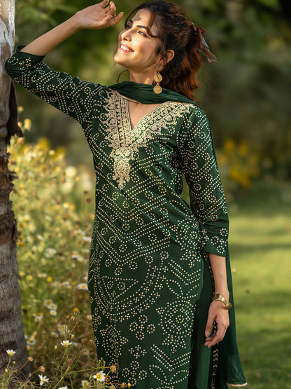 Bandhani Printed Thread Work Straight Kurta With Trousers & Dupatta