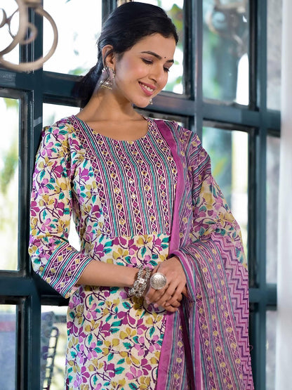 Dhiyona KL Floral Printed Regular Mirror Work Pure Cotton Kurta With Trousers & Dupatta