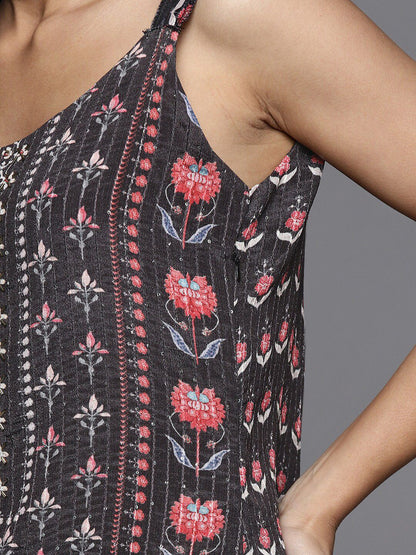 Dhiyona KL Floral Printed Sequinned Sleeveless Kurta with Sharara & Dupatta