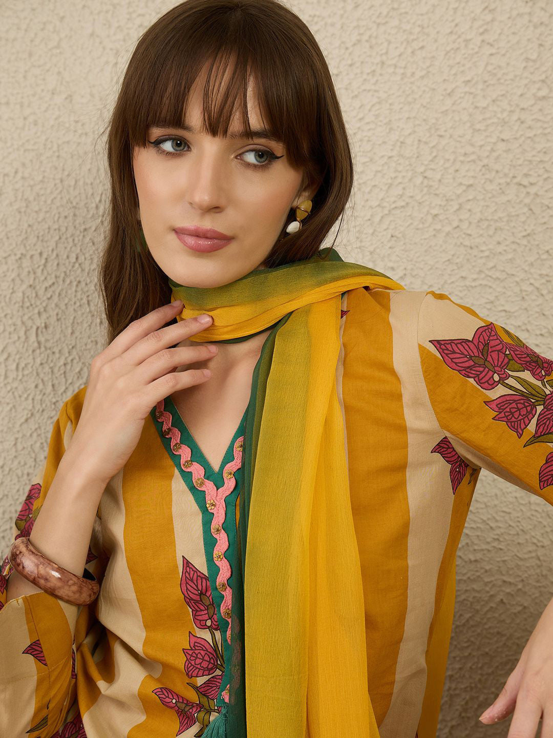 Women Tribal Striped Regular Pure Cotton Kurtas & Trousers With Dupatta