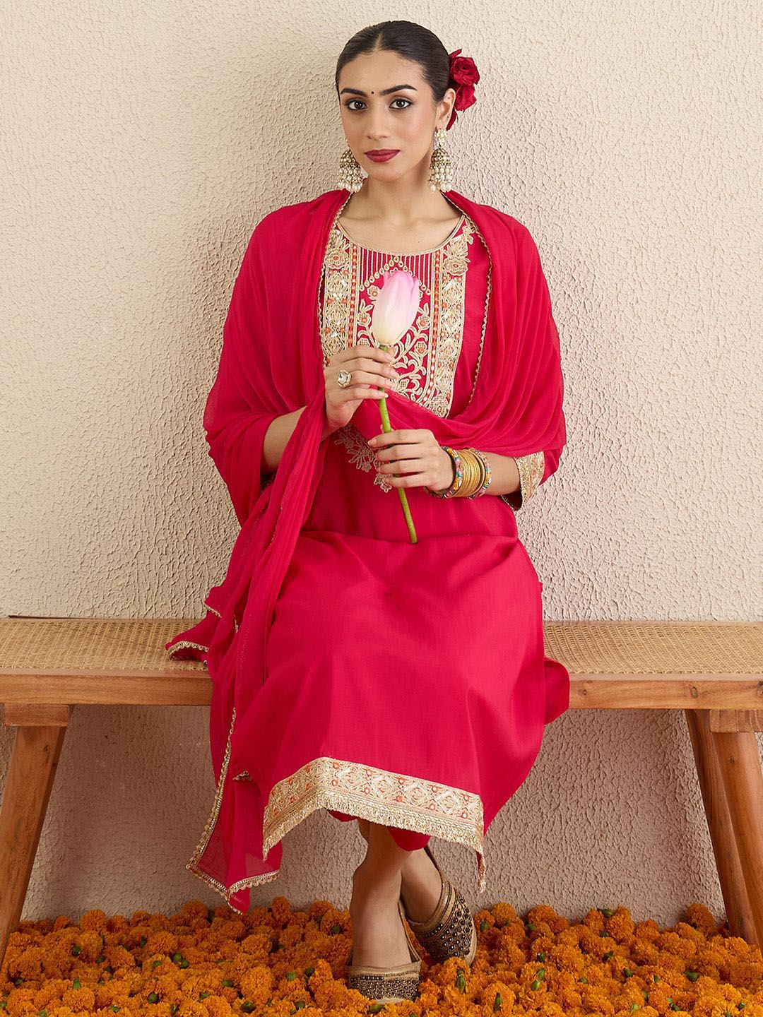 Dhiyona IE Women Ethnic Motifs Embroidered Regular Kurta with Trousers & Dupatta