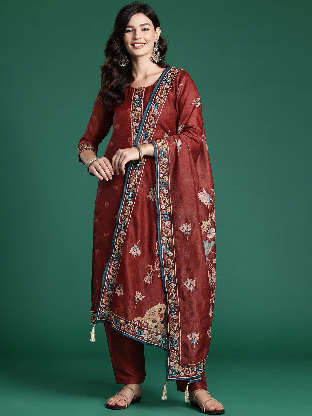Ethnic Motifs Embroidered Thread Work Chanderi Silk Kurta With Trousers & Dupatta