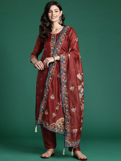 Ethnic Motifs Embroidered Thread Work Chanderi Silk Kurta With Trousers & Dupatta