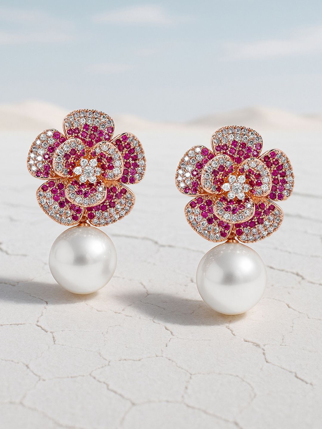 Dhiyona RJ Women's 22K Rose Gold-Plated RubyPink AD & Cubic Zirconia Studded Floral Pearl Drop Earring