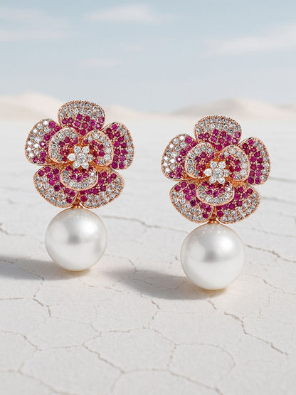 Dhiyona RJ Women's 22K Rose Gold-Plated RubyPink AD & Cubic Zirconia Studded Floral Pearl Drop Earring