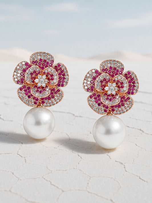 Dhiyona RJ Women's 22K Rose Gold-Plated RubyPink AD & Cubic Zirconia Studded Floral Pearl Drop Earring