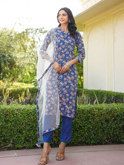 Dhiyona KL Floral Printed Gotta Patti Straight Kurta & Trousers With Dupatta