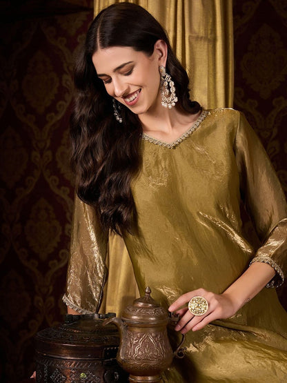 Dhiyona CH Women Ethnic Motifs Embroidered V-Neck Sequinned Kurta with Palazzos