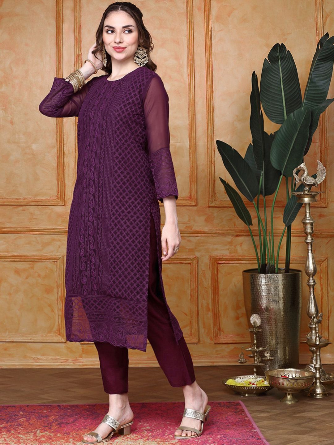 Dhiyona IS Women's Paisley Embroidered Regular Chikankari Kurta with Trousers & With Dupatta