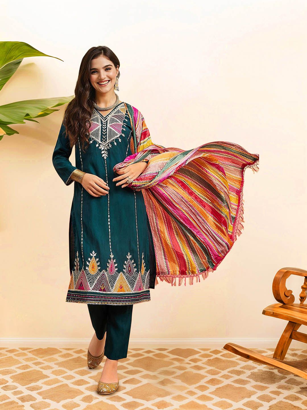 Dhiyona IS Women's Ethnic Motifs Embroidered Pure Cotton Straight Kurta with Trousers & Dupatta