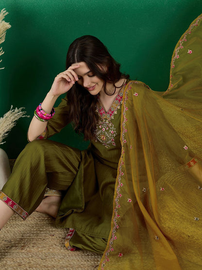 Dhiyona SN Embroidered Zari Sequence Straight Kurta Palazzo & Dupatta Set