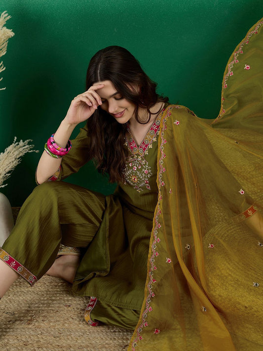 Dhiyona SN Embroidered Zari Sequence Straight Kurta Palazzo & Dupatta Set