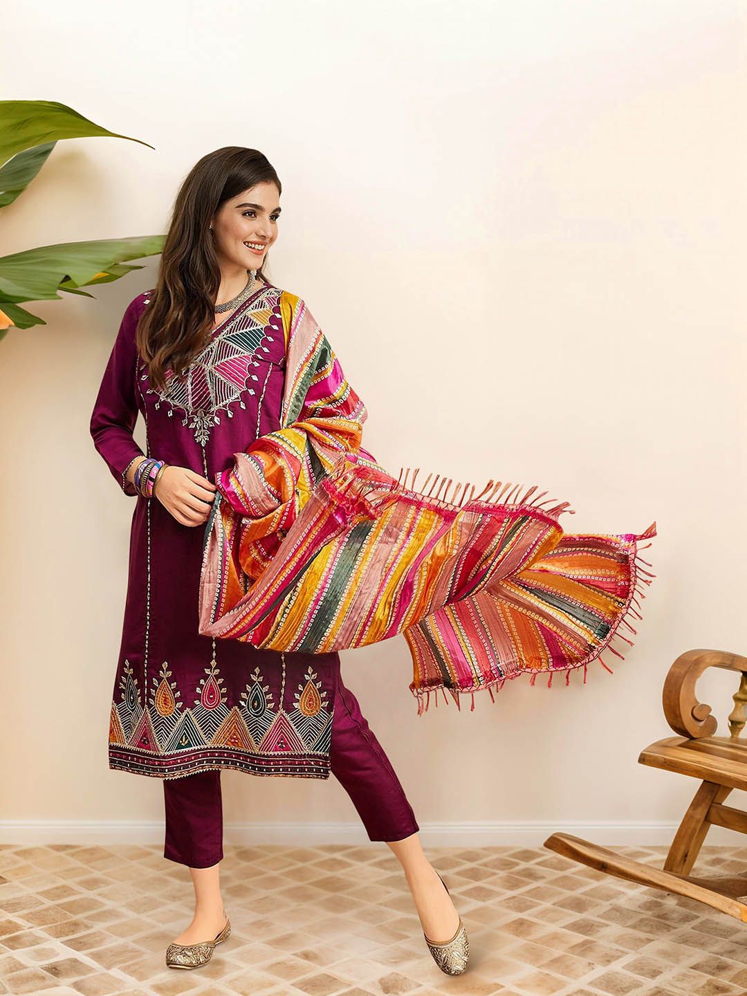 Dhiyona IS Women's Ethnic Motifs Embroidered Pure Cotton Straight Kurta with Trousers & Dupatta