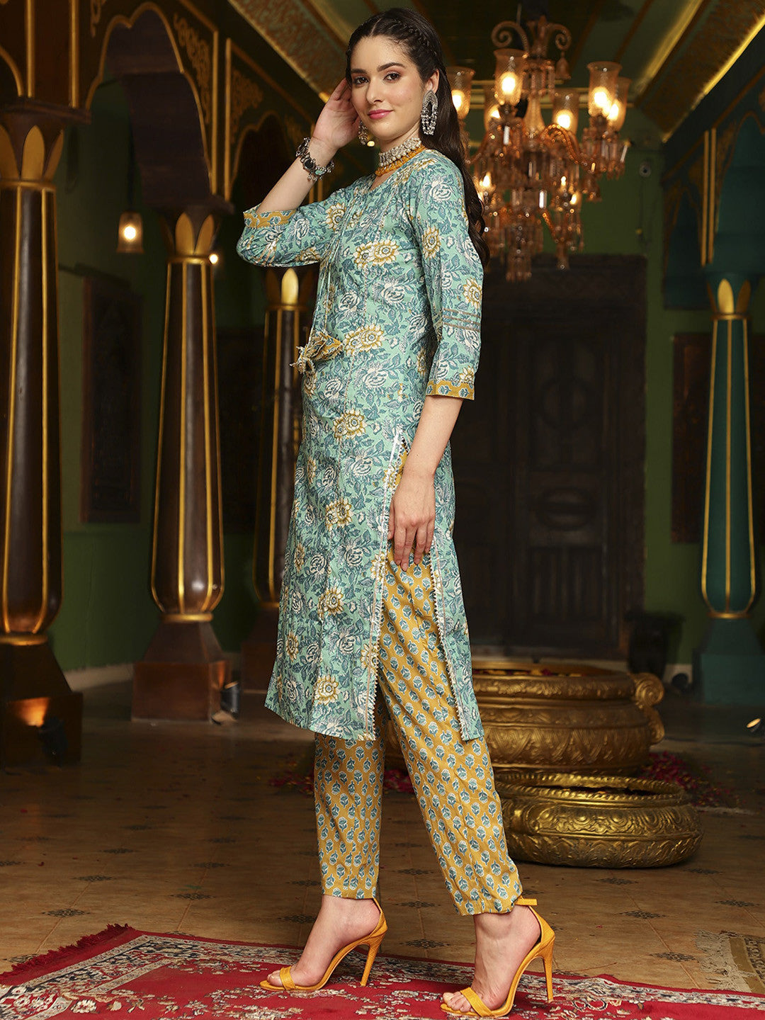 Floral Printed Pure Cotton Straight Kurta With Trouser & Dupatta Set