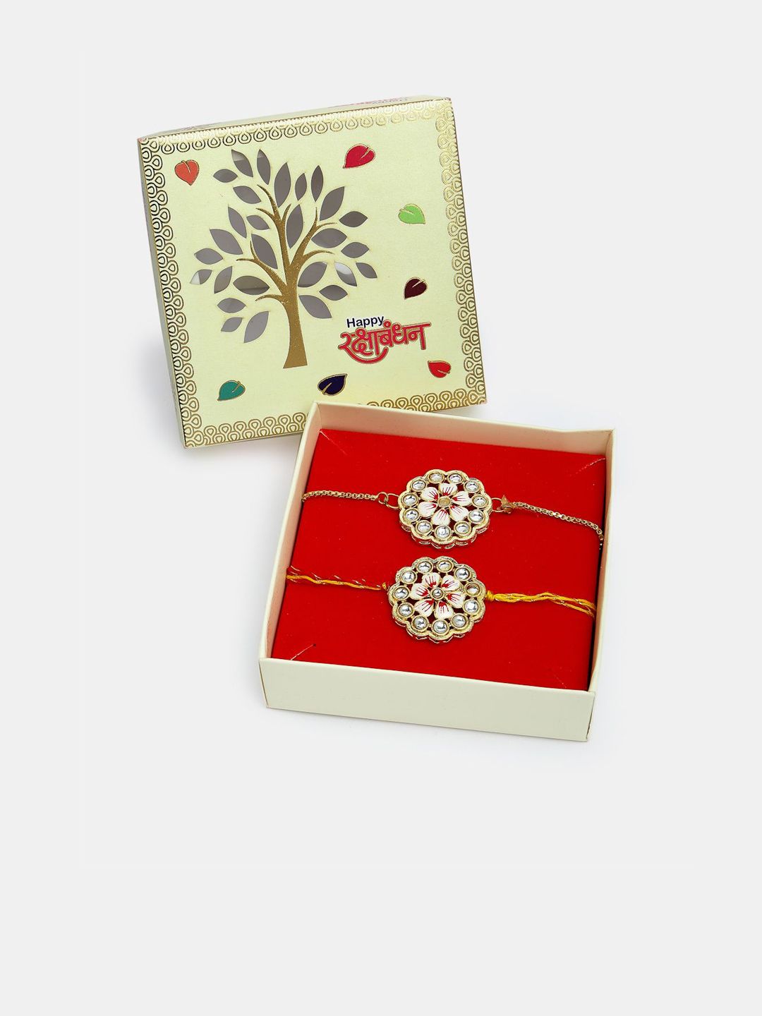 Dhiyona Unisex Set Of 2 Gold Kundan-Studded Bhaiya Bhabhi Rakhi Set With Roli Chawal